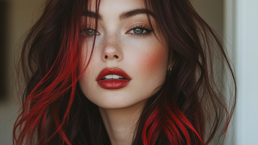 Red highlights on dark brown hair